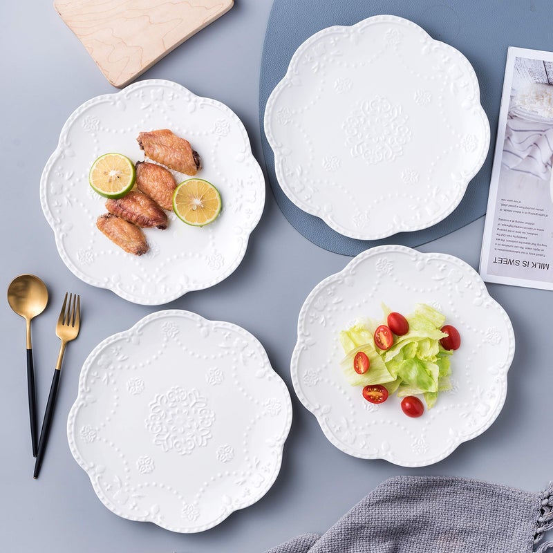 Jusalpha Embossed Lace Porcelain Plate-Dinner Plate Set, Pasta/Salad/Dessert Plateï¼Œ Tableware Set for Restaurant Family Party Kitchen Use -4 Pieces, FD-PL15 (10 Inche, White) - Image 5